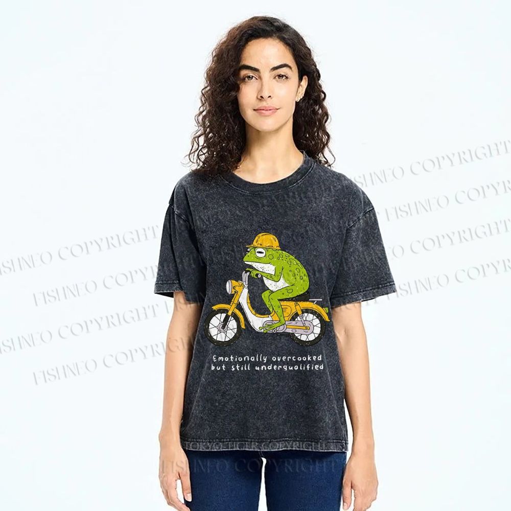 Unisex Biker Frog Printed Washed Tee