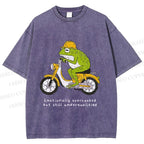 Unisex Biker Frog Printed Washed Tee