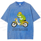 Unisex Biker Frog Printed Washed Tee