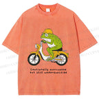 Unisex Biker Frog Printed Washed Tee