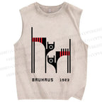 Unisex Bauhaus Geometric Cat Printed Washed Tank Top