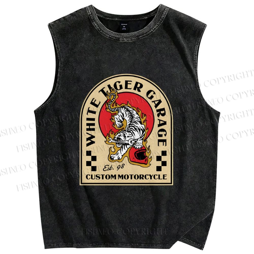 Unisex White Tiger Garage Printed Washed Tank Top