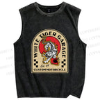 Unisex White Tiger Garage Printed Washed Tank Top