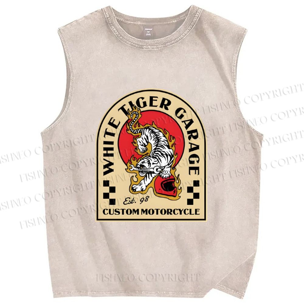 Unisex White Tiger Garage Printed Washed Tank Top