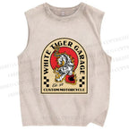 Unisex White Tiger Garage Printed Washed Tank Top