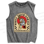 Unisex White Tiger Garage Printed Washed Tank Top