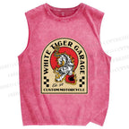 Unisex White Tiger Garage Printed Washed Tank Top