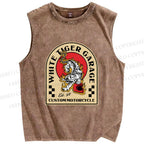 Unisex White Tiger Garage Printed Washed Tank Top