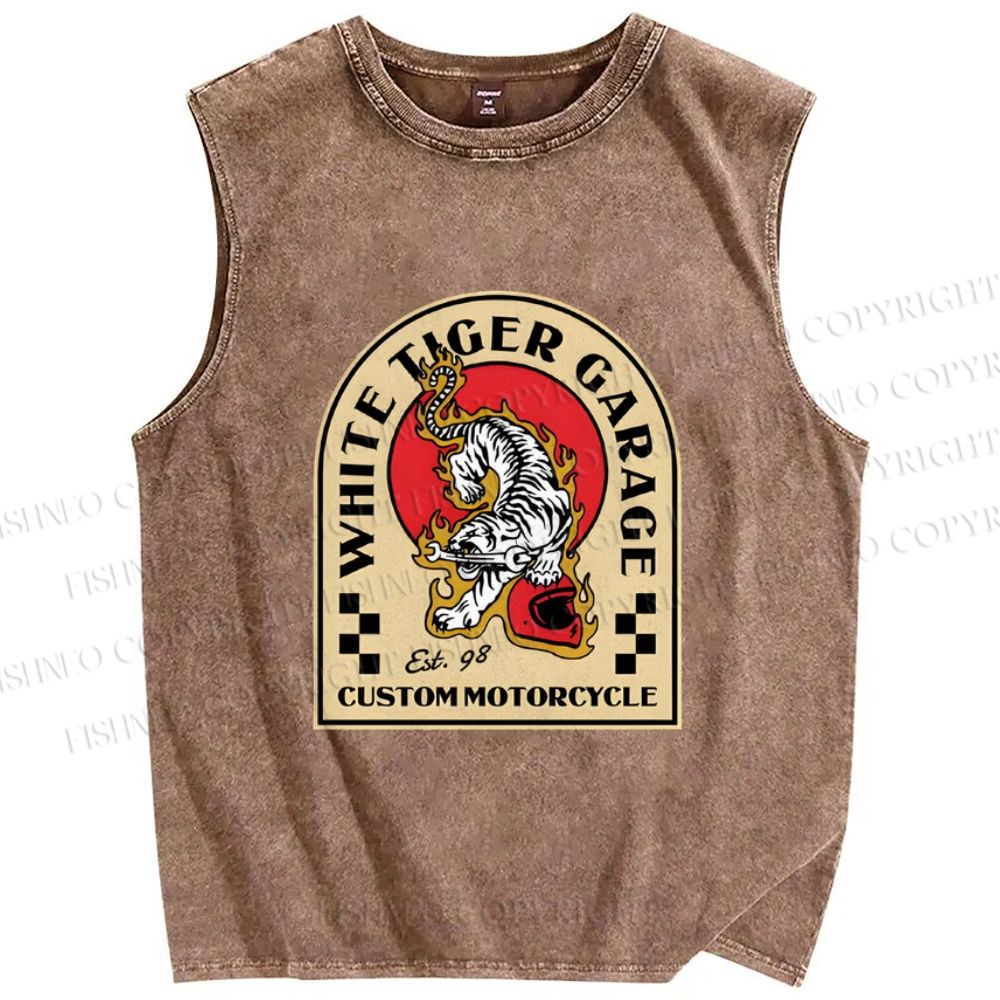 Unisex White Tiger Garage Printed Washed Tank Top