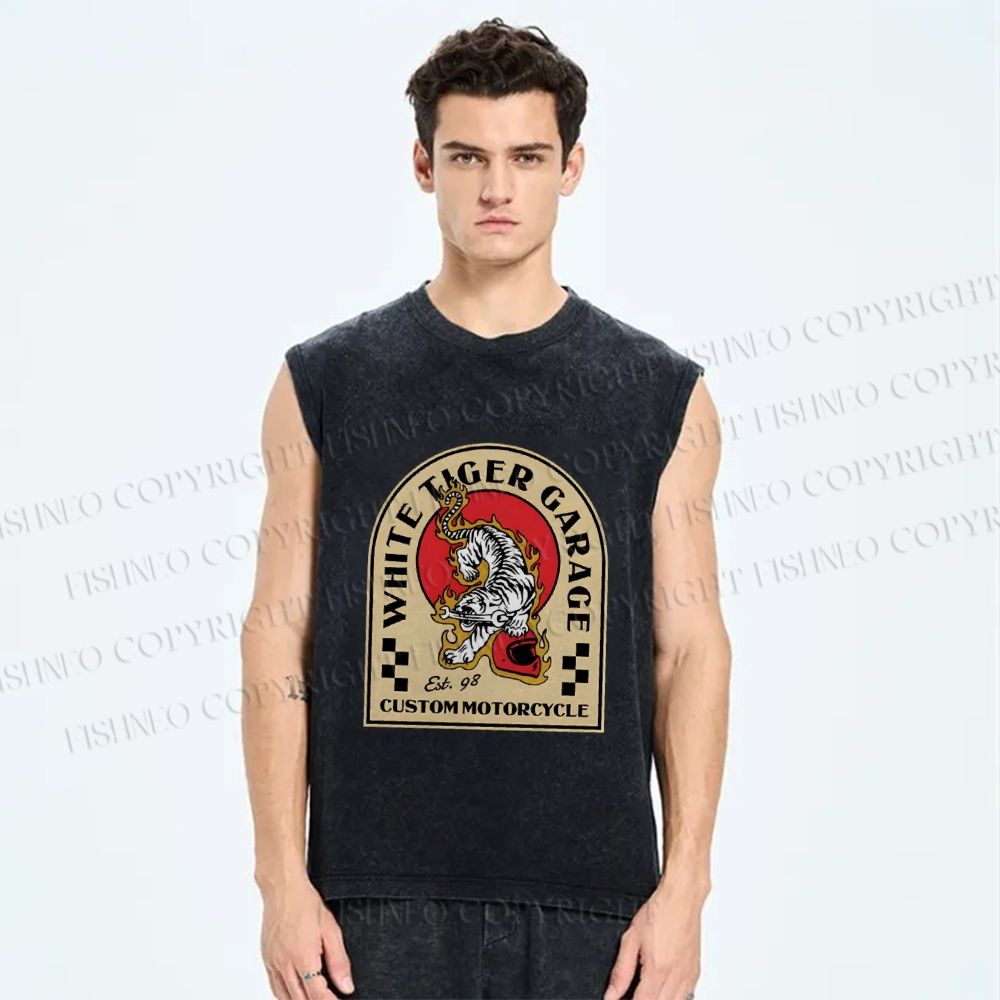 Unisex White Tiger Garage Printed Washed Tank Top