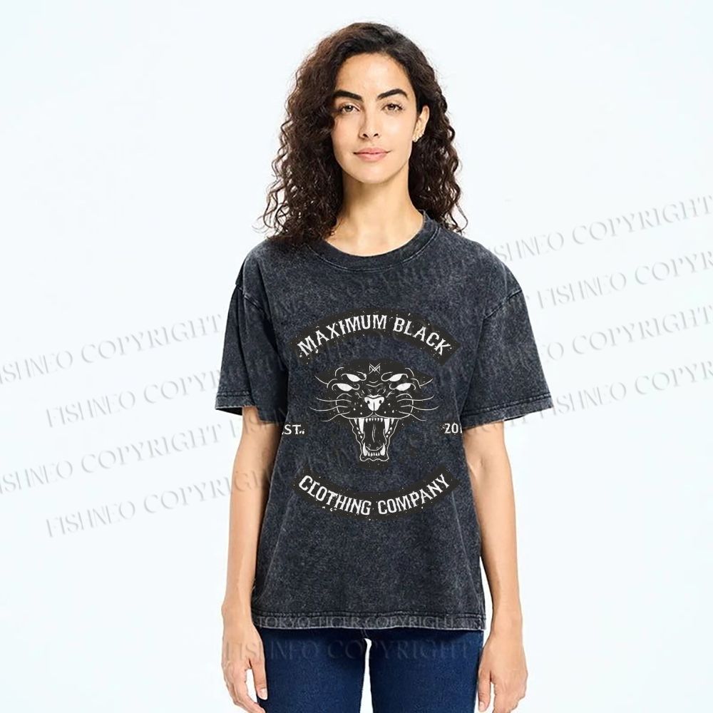 Unisex Maximum Black Tiger Printed Washed Tee