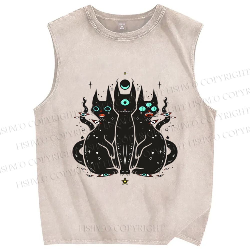 Unisex Cat With Artistic Eyes Printed Washed Tank Top