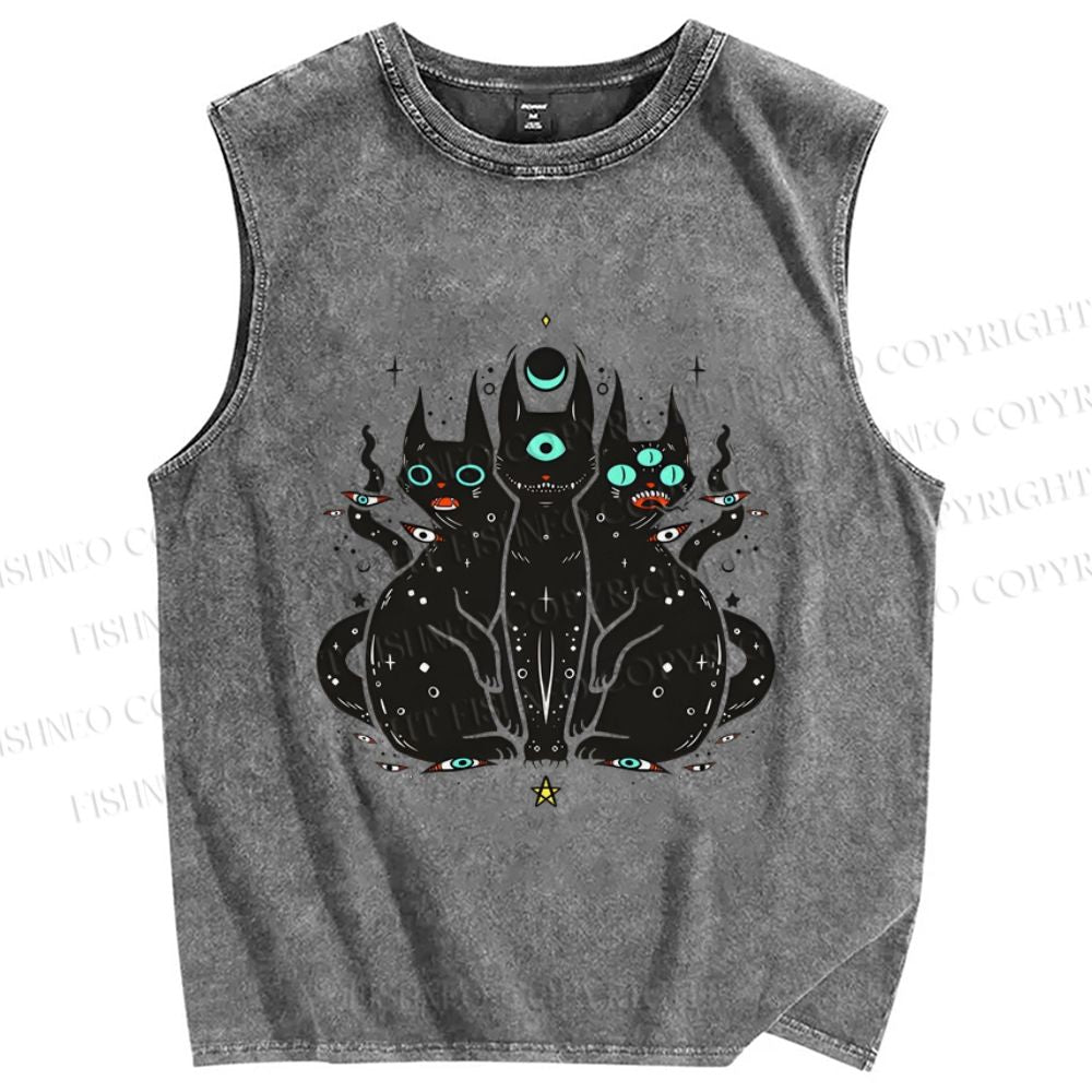 Unisex Cat With Artistic Eyes Printed Washed Tank Top