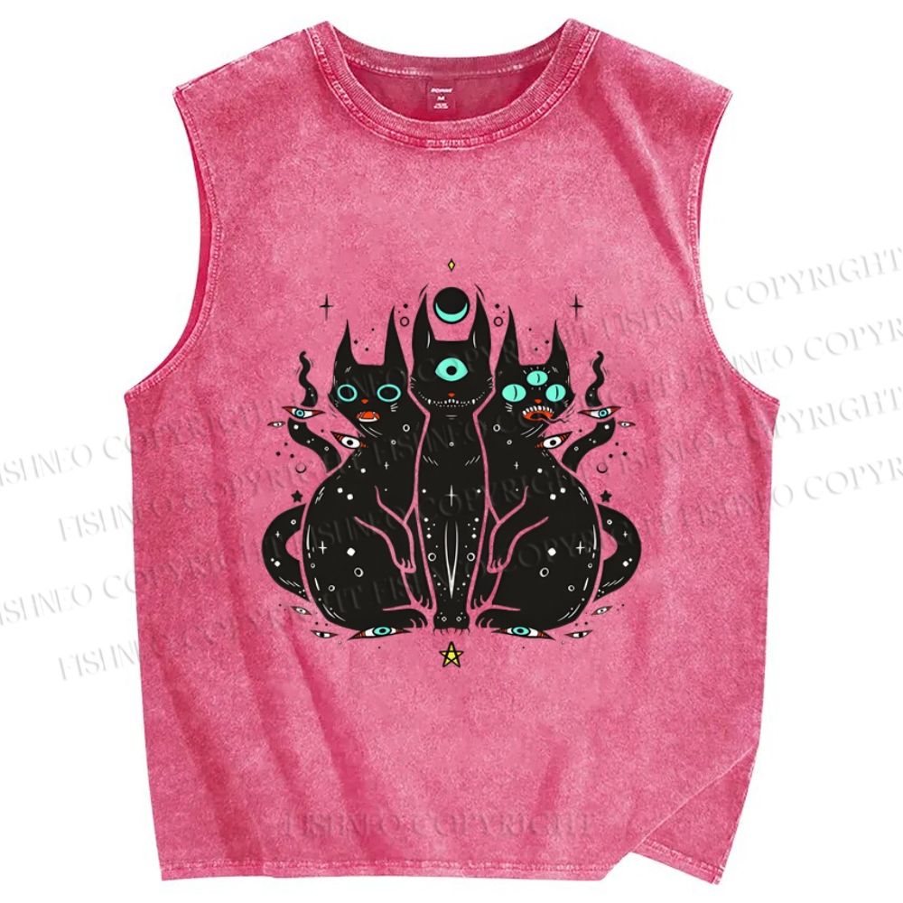 Unisex Cat With Artistic Eyes Printed Washed Tank Top