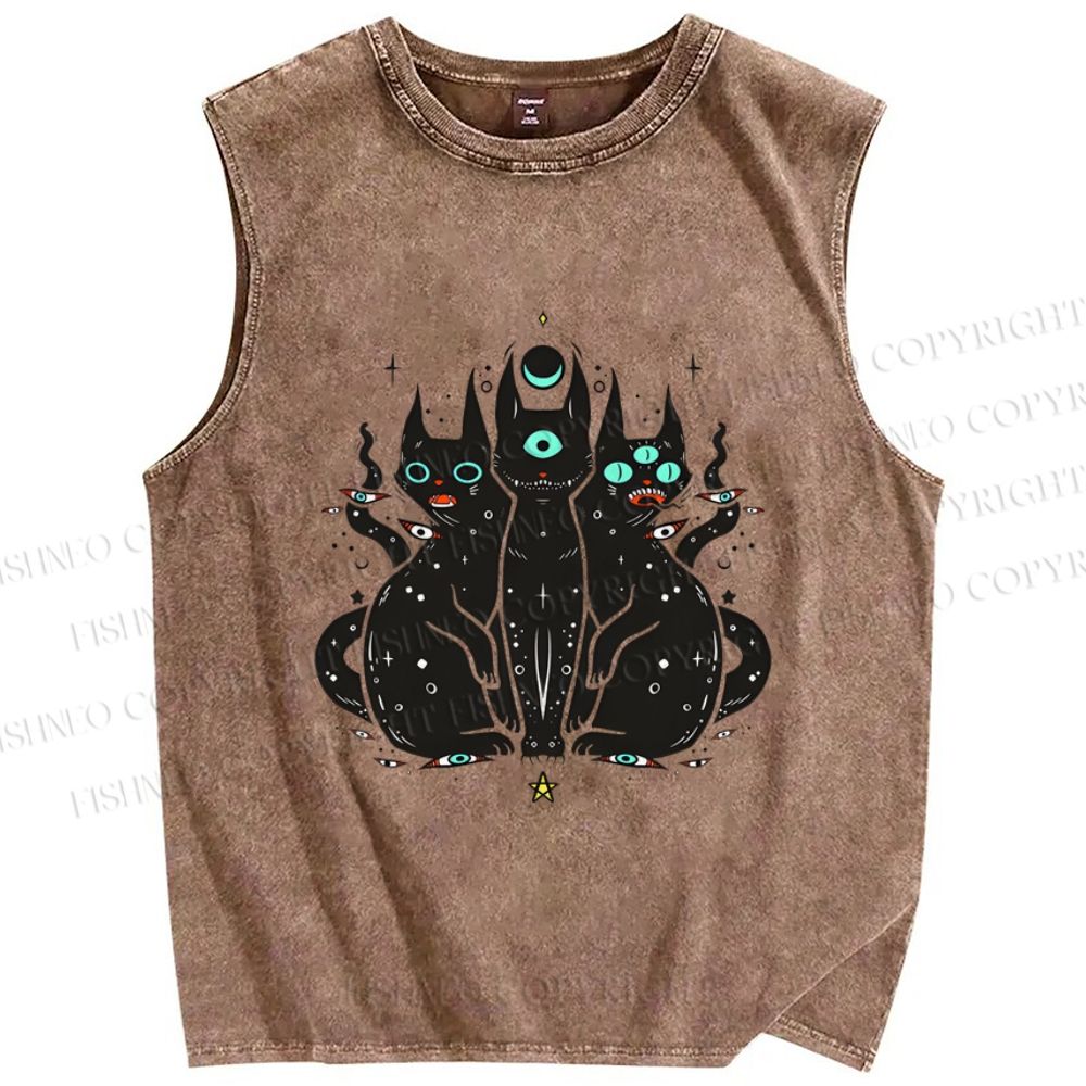 Unisex Cat With Artistic Eyes Printed Washed Tank Top