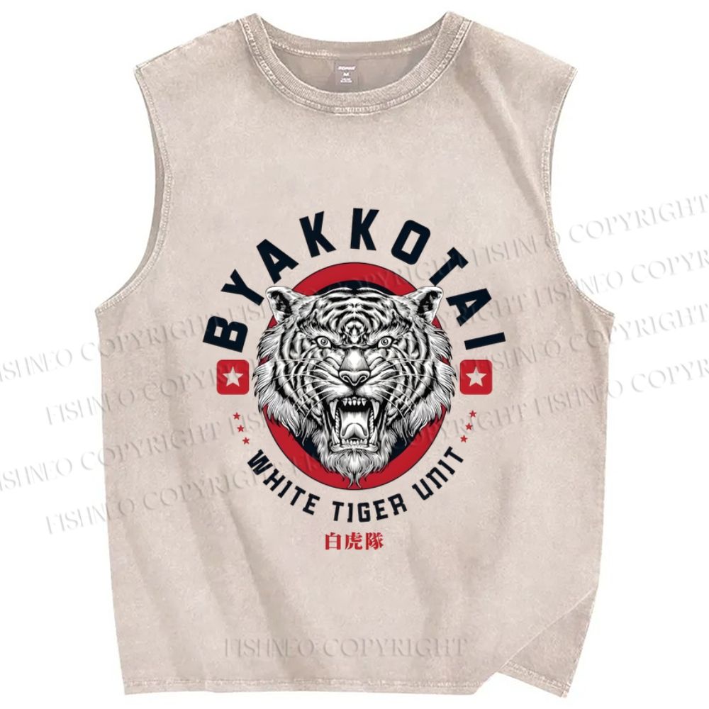 Unisex White Tiger Printed Washed Tank Top