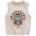 Unisex White Tiger Printed Washed Tank Top