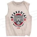 Unisex White Tiger Printed Washed Tank Top