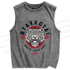 Unisex White Tiger Printed Washed Tank Top