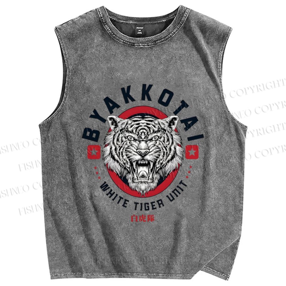 Unisex White Tiger Printed Washed Tank Top