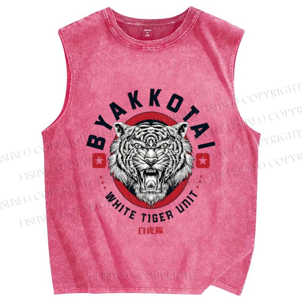 Unisex White Tiger Printed Washed Tank Top