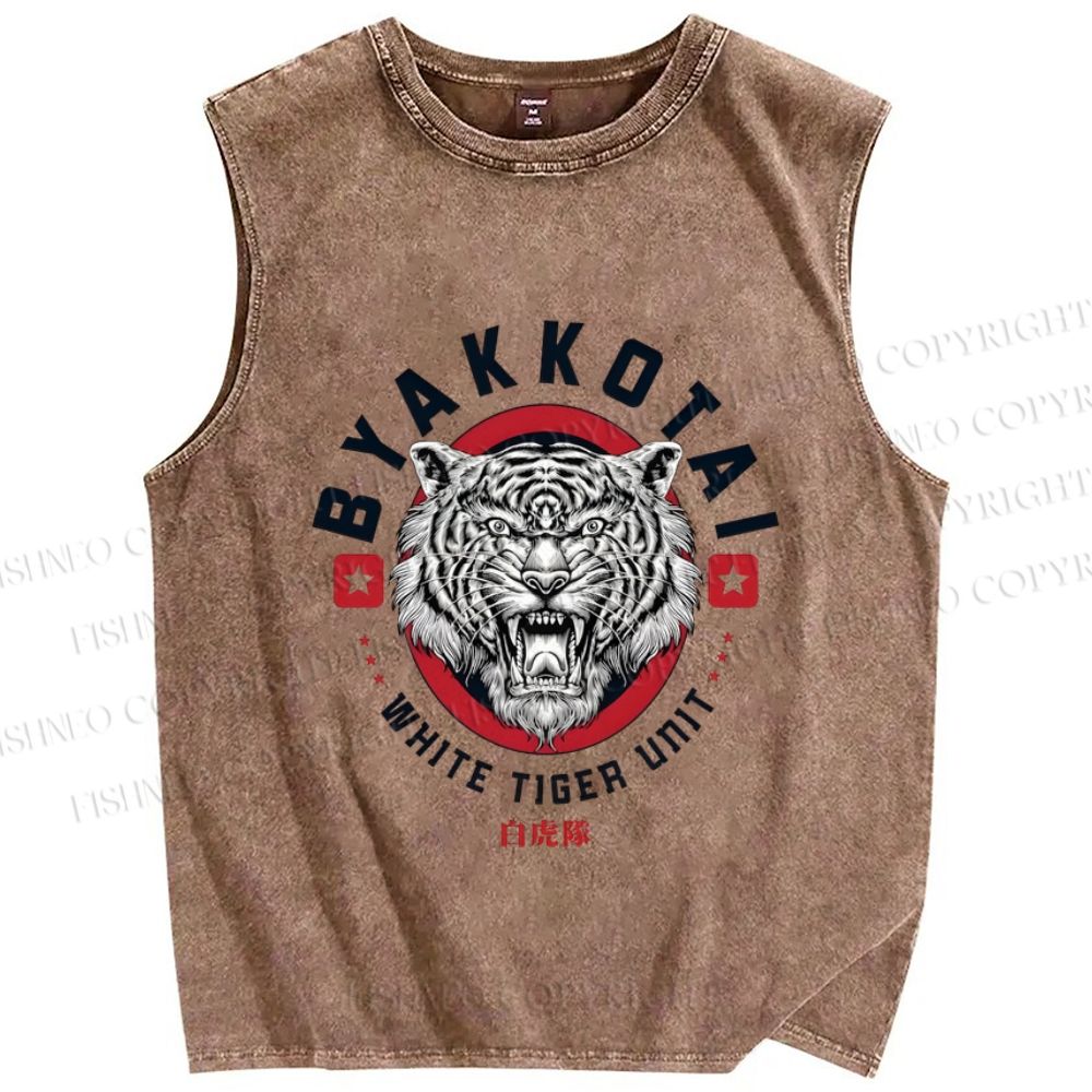 Unisex White Tiger Printed Washed Tank Top