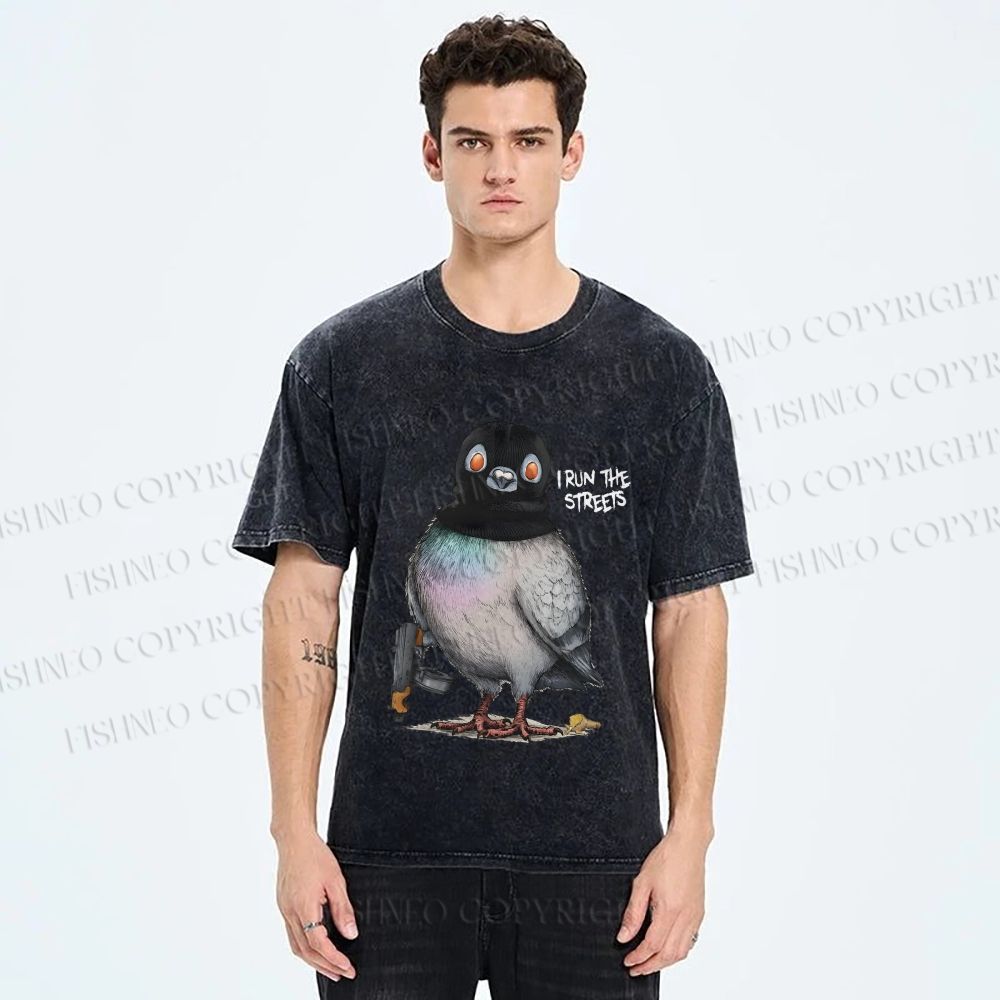 Unisex Gangsta Pigeon Printed Washed Tee
