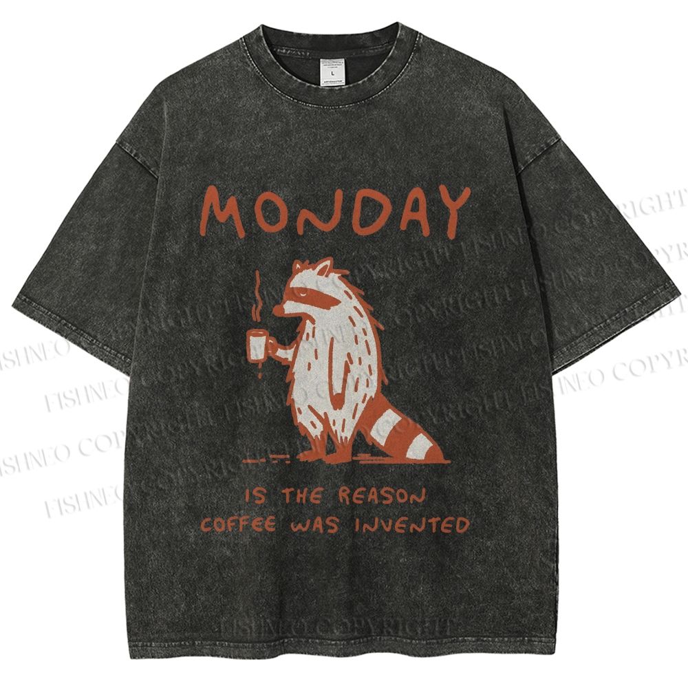 Unisex Monday Coffee Raccoon Printed Washed Tee
