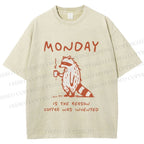 Unisex Monday Coffee Raccoon Printed Washed Tee