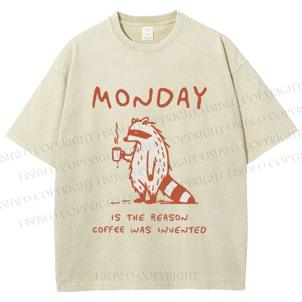 Unisex Monday Coffee Raccoon Printed Washed Tee