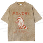 Unisex Monday Coffee Raccoon Printed Washed Tee