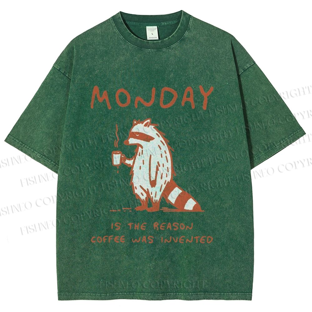 Unisex Monday Coffee Raccoon Printed Washed Tee