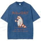 Unisex Monday Coffee Raccoon Printed Washed Tee