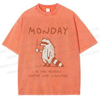 Unisex Monday Coffee Raccoon Printed Washed Tee