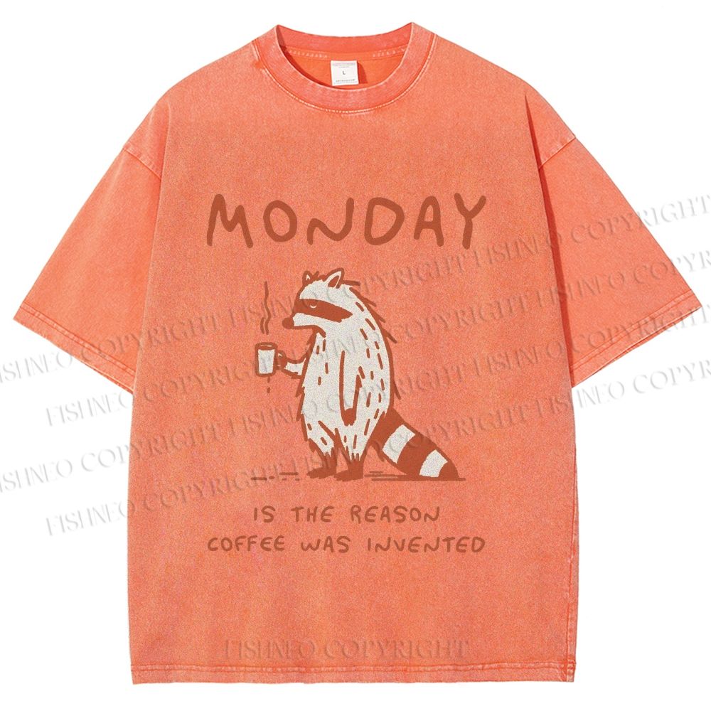 Unisex Monday Coffee Raccoon Printed Washed Tee