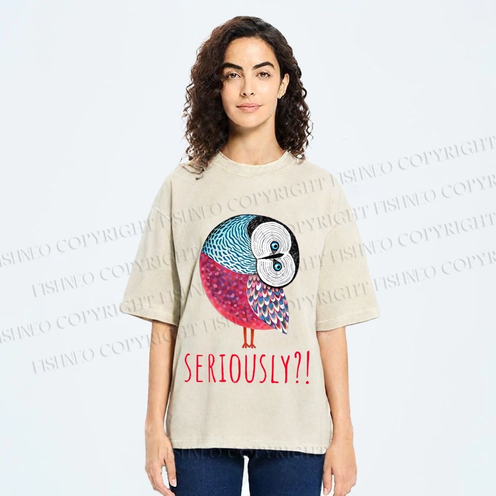 Unisex Seriously Art Owl Printed Washed Tee