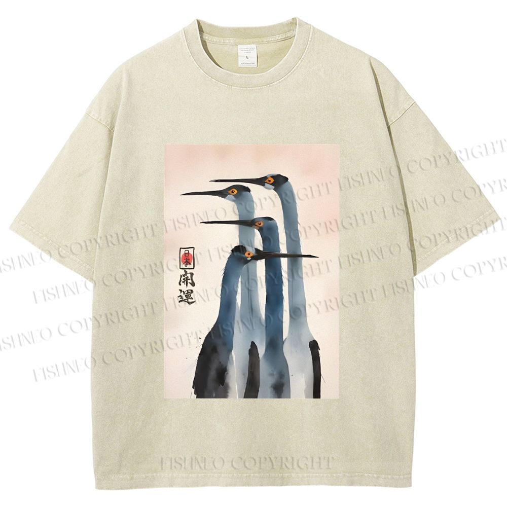 Unisex Fortune Ink Cranes Printed Washed Tee