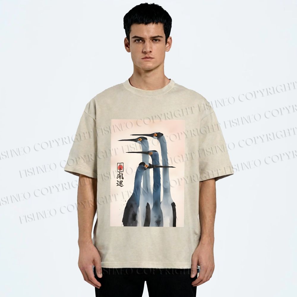 Unisex Fortune Ink Cranes Printed Washed Tee