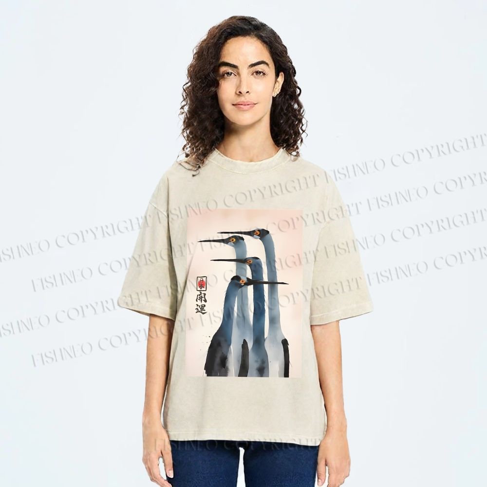 Unisex Fortune Ink Cranes Printed Washed Tee