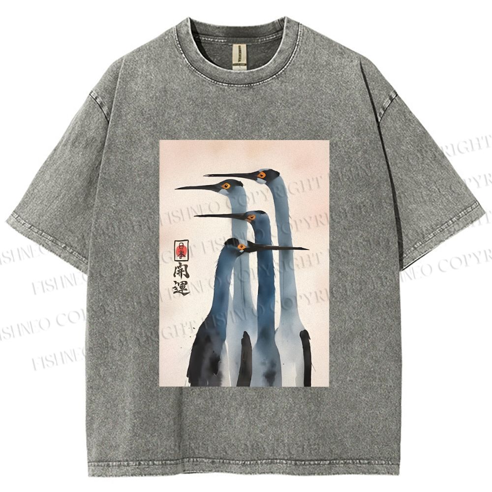 Unisex Fortune Ink Cranes Printed Washed Tee