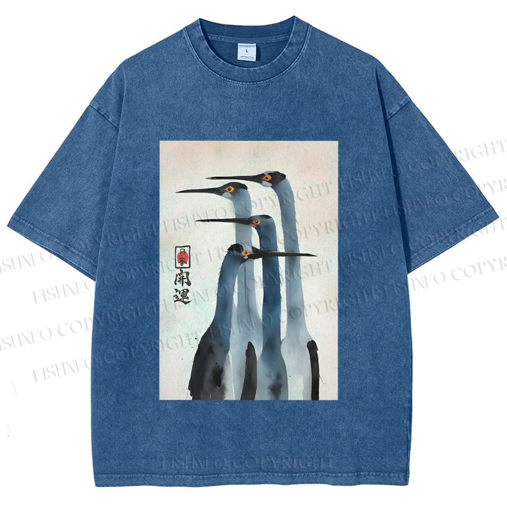 Unisex Fortune Ink Cranes Printed Washed Tee