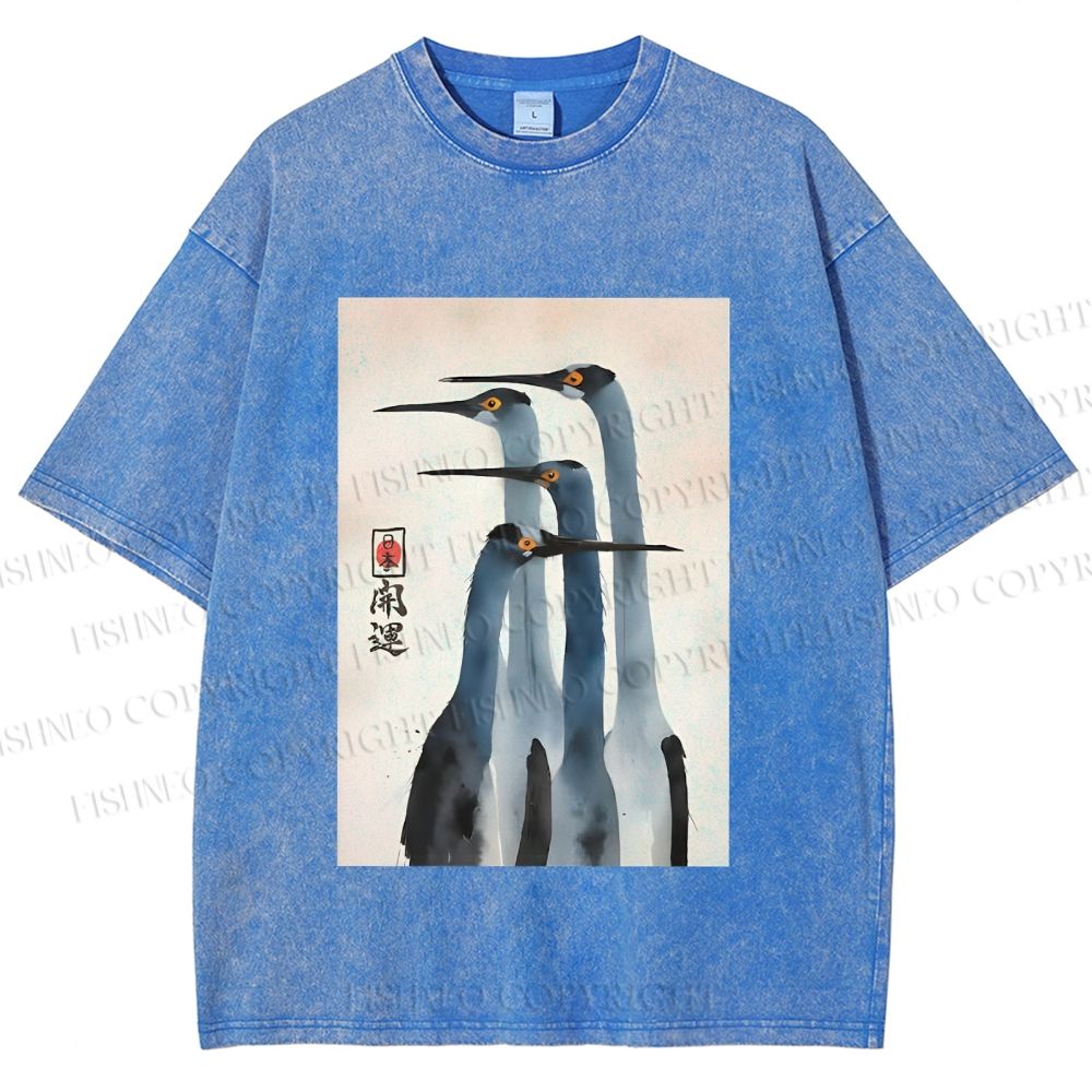 Unisex Fortune Ink Cranes Printed Washed Tee