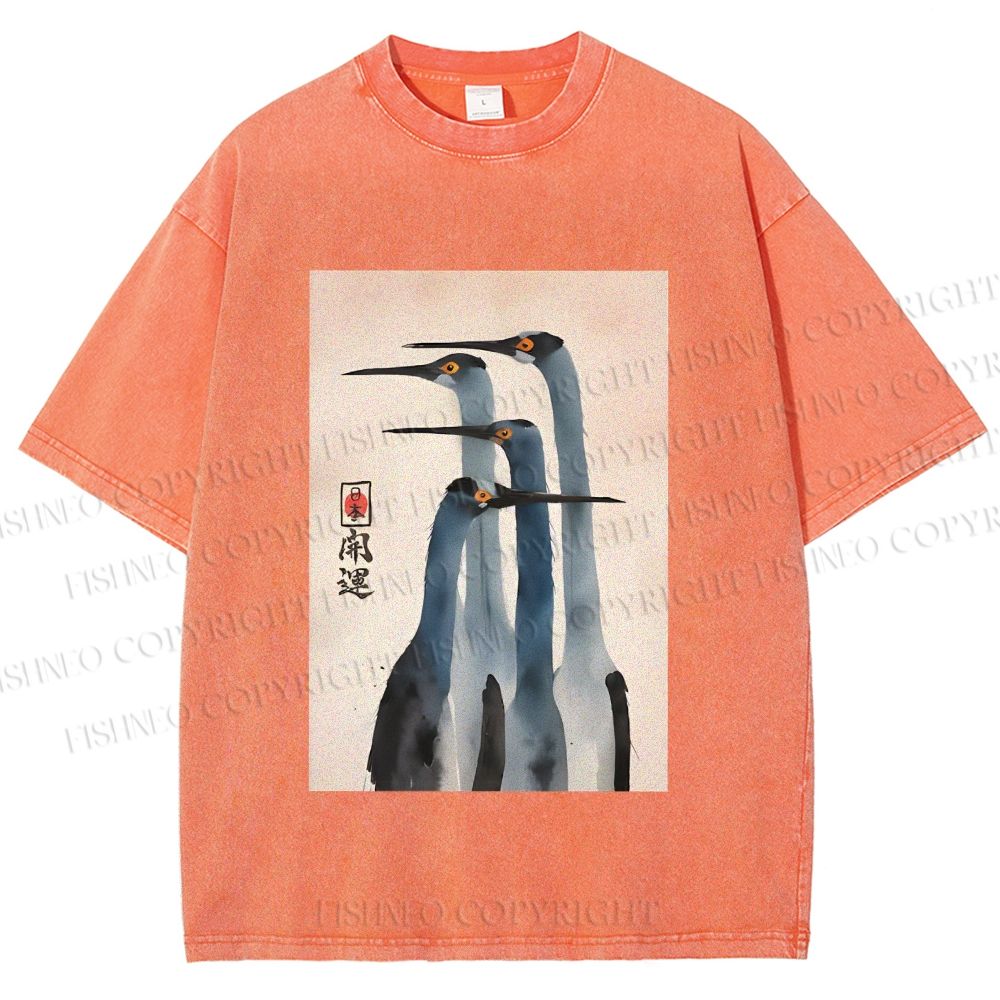 Unisex Fortune Ink Cranes Printed Washed Tee