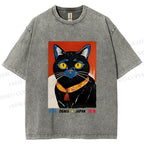 Unisex Osaka Retro Black Cat Printed Washed Tee