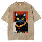 Unisex Osaka Retro Black Cat Printed Washed Tee