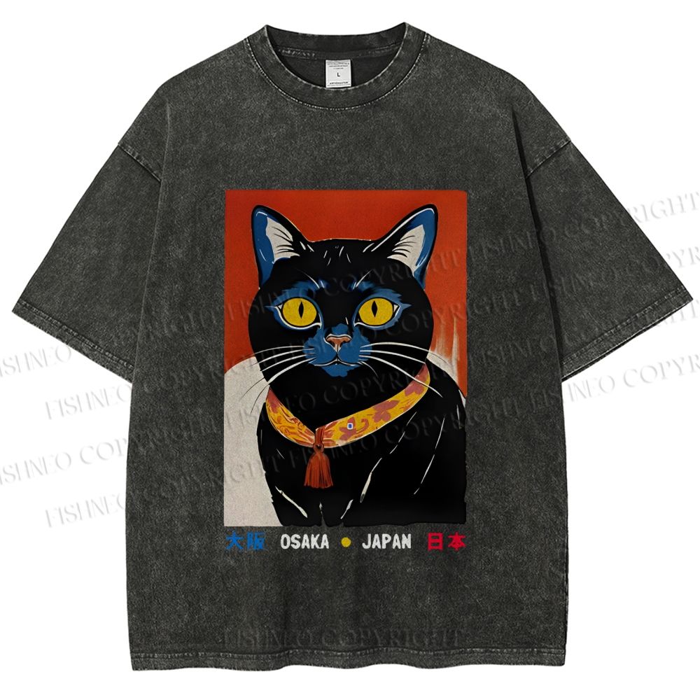 Unisex Osaka Retro Black Cat Printed Washed Tee