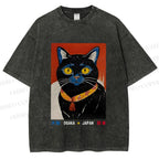 Unisex Osaka Retro Black Cat Printed Washed Tee