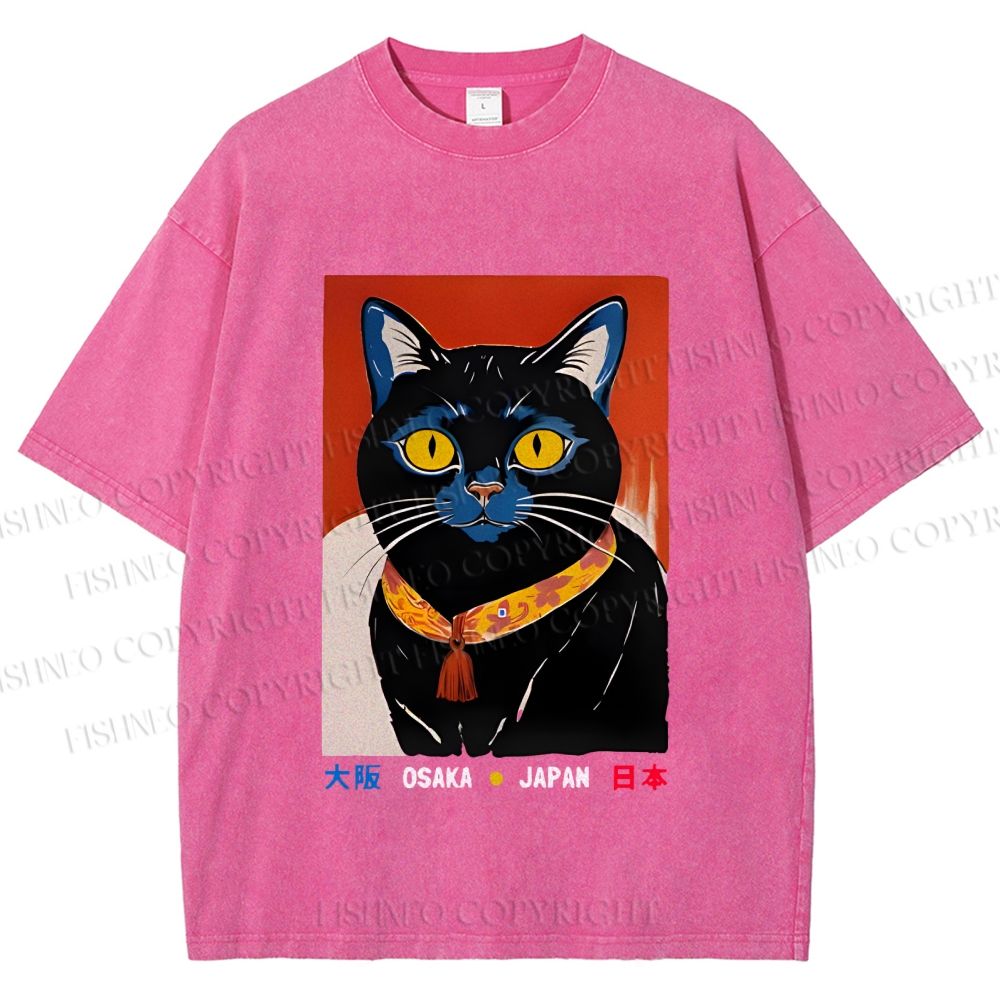 Unisex Osaka Retro Black Cat Printed Washed Tee
