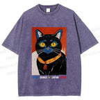 Unisex Osaka Retro Black Cat Printed Washed Tee
