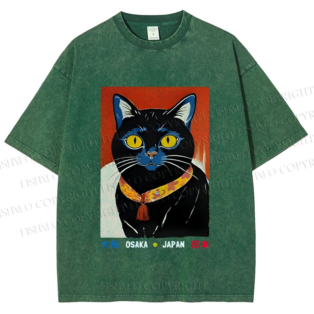 Unisex Osaka Retro Black Cat Printed Washed Tee
